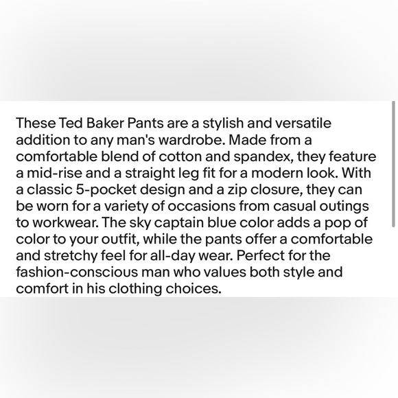 Ted Baker Pants Heavy Twill Chino 38 x 32 Captain Sky Cotton Spandex MSRP $150 - Picture 7 of 7